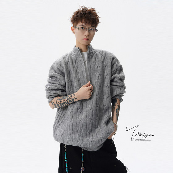 
V37 American lazy style half-zip stand-up collar twist sweater for men in spring gray half-cardigan casual all-match sweater