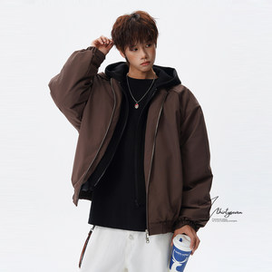 
V37 American fashion brand fake two-piece hooded cotton coat for men in winter thickened high street handsome couple pilot jacket