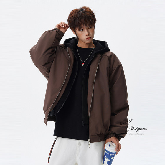 
V37 American fashion brand fake two-piece hooded cotton coat for men in winter thickened high street handsome couple pilot jacket