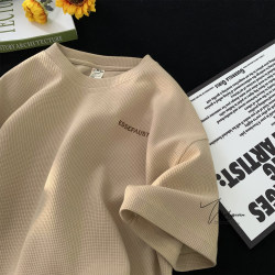 V37 Waffle Short-Sleeve T-Shirt for Men, Summer American Retro Letter Half-Sleeve T-Shirt, Loose Casual Five-Quarter Sleeve Top