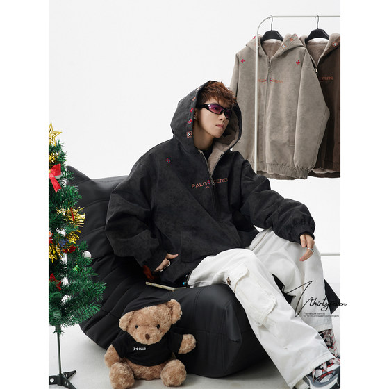 
V37 American ethnic style embroidered tie-dye PU hooded cotton coat for men in winter heavy black trendy brand couple style jacket