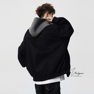 
V37 American retro fake two-piece hooded jacket men's winter couple loose thickened coat casual all-match cotton coat