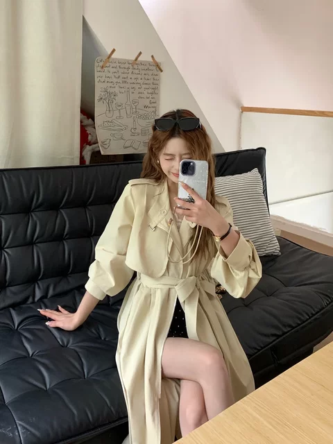 Cut cake homemade small spring long jacket for women fashion design coat apricot yellow temperament loose windbreaker
