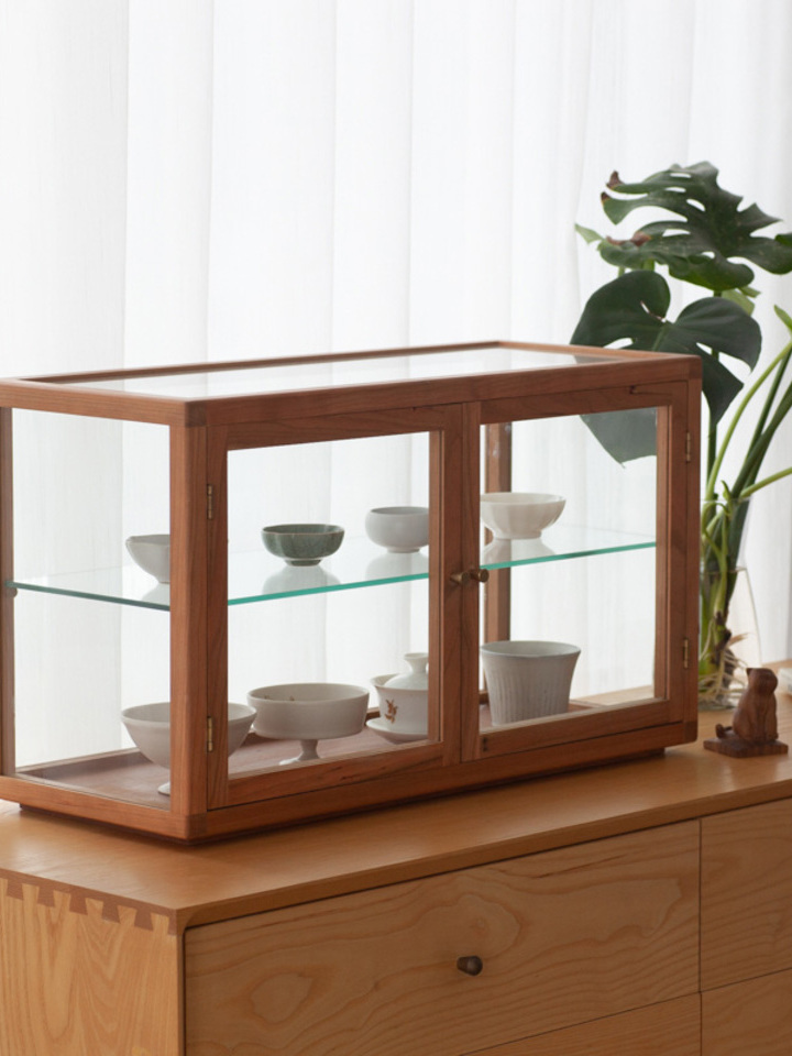 木质陈列展示柜玻璃钢化复古茶饮具双层计