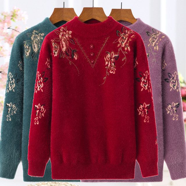 Mom wears half turtleneck imitation mink flower winter sweater middle-aged and elderly women's loose pullover knitted base shirt