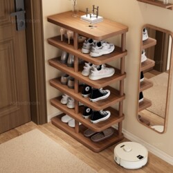 Sanmeng Solid Wood Leg Shoe Rack, Simple Multi-Layer Household Shoe Cabinet That Does Not Take up Space, Suitable for Narrow Entrance Doors, Integrated Wall-Mounted Shoe Cabinet