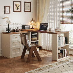French-Style Corner Desk with Bookshelf, Bedroom Vanity Table, Home Computer Desk, Light Luxury High-End Solid Wood Study Desk