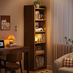 All-Solid Wood Bookshelf, Floor-Standing Storage Rack, Integrated Wall-Mounted Walnut-Colored Narrow Gap Storage Cabinet, Home Bookcase
