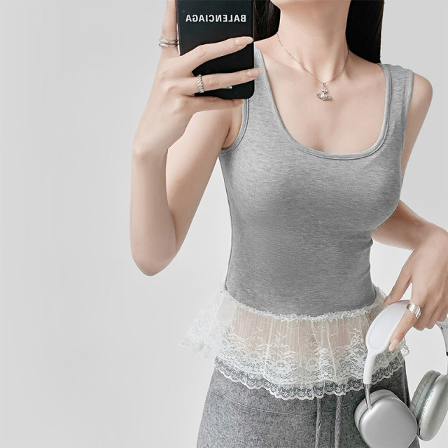 Gray I-font sleeveless vest for women 2025 summer new lace design short slim body ins