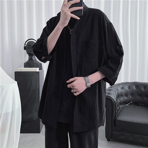
Plain three-quarter short-sleeved shirt men's summer Korean style trendy shirt high-end casual large size loose inch shirt jacket