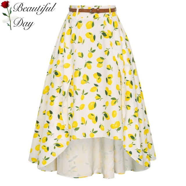 European and American retro large size lemon print irregular skirt Hong Kong style waist-hugging cute sweet big skirt