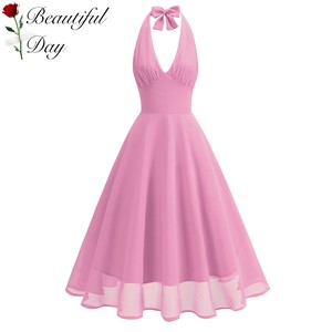 
American retro fairy-like Hong Kong style goddess sexy slimming vacation picnic halter neck high waist performance dress with big swing