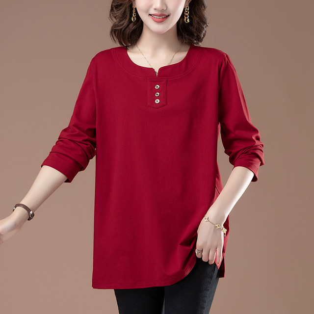 Pure cotton T-shirt women's long-sleeved fashionable middle-aged mother's wear loose outer bottoming shirt fashion plus size plus size top