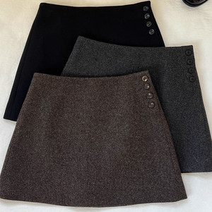 
Gray woolen skirt for women 2025 autumn and winter new black high-waisted versatile wool a-line short skirt for small people