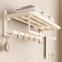 Cream-Colored Towel Rack, No-Drill Bathroom Shelf, White Washroom Toilet Towel Rack, Space Aluminum