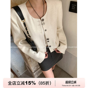 GV Big White Brother Exquisite Irregular Three-dimensional Buckle Round Neck Small Incense Coat Straight Silhouette Casual Top for Women
