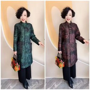 
Spring and Autumn Women's fashionable mid-length windbreaker gold-plated jacquard stand collar coat fashionable and versatile temperament middle-aged and elderly women's clothing