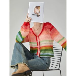 
Rainbow contrast mohair striped sweater women's thin 2024 early autumn new dopamine outer cardigan 2230