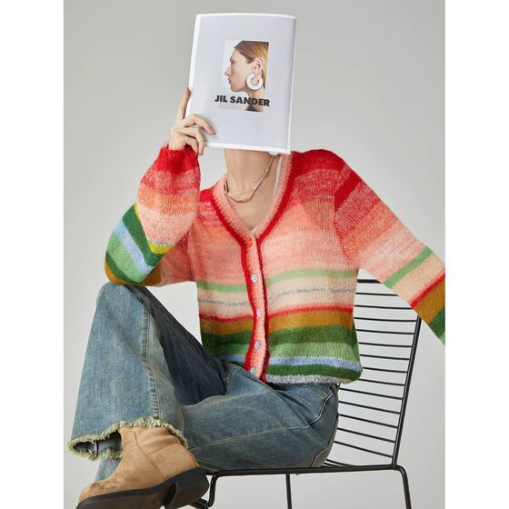 
Rainbow contrast mohair striped sweater women's thin 2024 early autumn new dopamine outer cardigan 2230