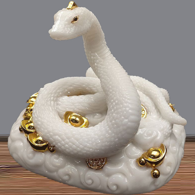 Solid White Jade Snake Statue, Black Python Snake Ingot, Zodiac Snake, Wealth Figurine, Home Craft Ornament, Real Figure for Worship