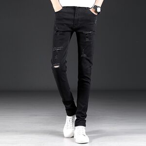 
2026 spring and summer high-end black jeans for men, slim fit, ripped pants for small feet, trendy brand stretch casual long pants for men
