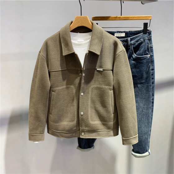 
New autumn and winter simple bright-line lapel tweed jacket for men's Korean slim workwear short thickened jacket