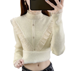 
2025 autumn and winter new style fashionable lace integrated velvet base shirt warm half turtleneck sweater for women plus velvet thick