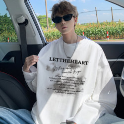 American-Style Pure Cotton Long-Sleeve T-Shirt for Men, Heavyweight Fleece-Lined Oversized Sweatshirt for Autumn and Winter, White Inner Layer Top