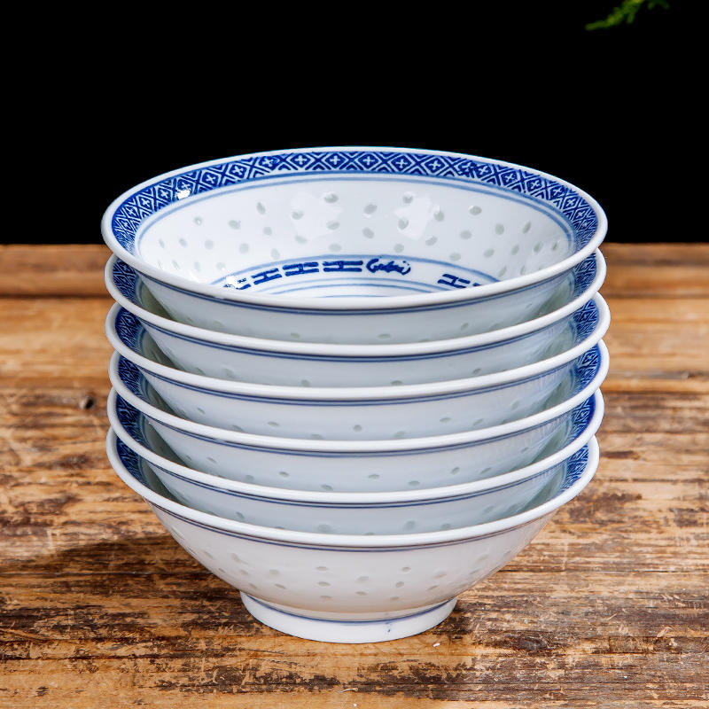 6个面碗 景德镇陶瓷餐具中式家用吃饭碗青花玲珑碗面碗可定制logo-淘宝网