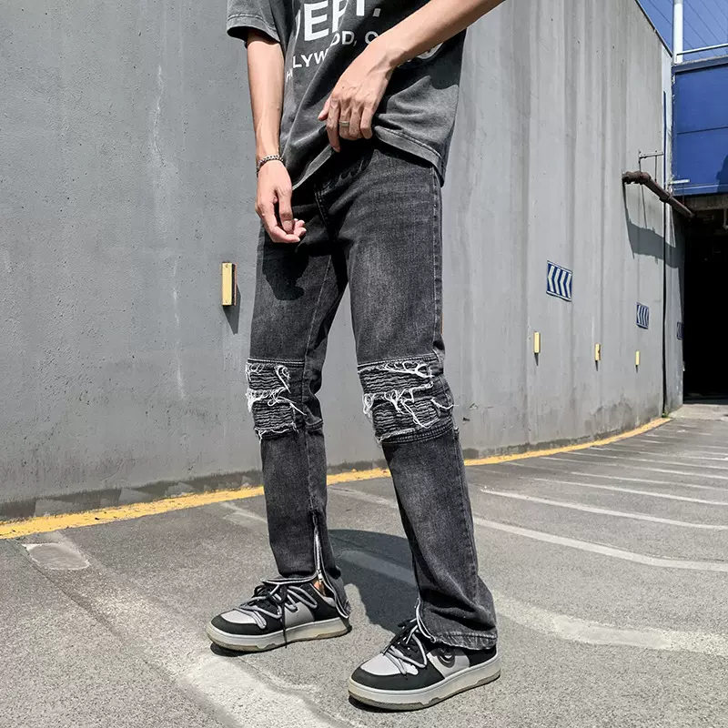 Men's straight denim loose zipper split wide -leg long pants-Taobao