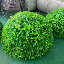 Outdoor Green Plant Manhole Cover Decoration to Hide Unsightly Areas, Artificial Greenery, Colorful Eucalyptus with Flower Balls, Milan Grass Balls