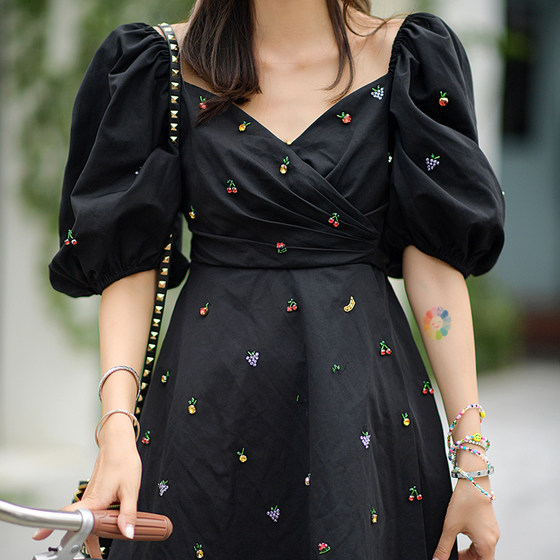 
Forevercan black light luxury square collar high waist dress for women summer puff sleeve chic short skirt