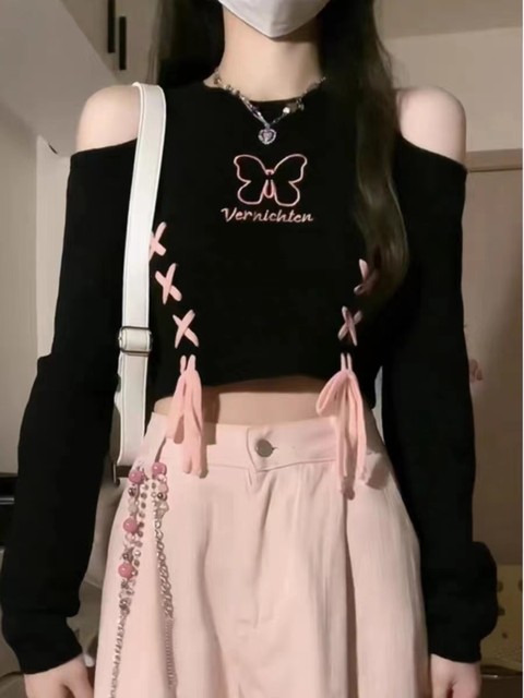 Sweet and spicy off-shoulder knitted long-sleeved T-shirt for women in spring and autumn new large-size fat sister straps butterfly slim top