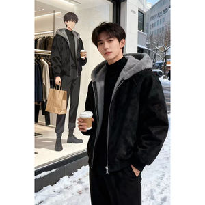
American high street litchi pattern PU leather seat mountain carving cotton coat men's winter plus velvet thickened high-end couple cotton coat