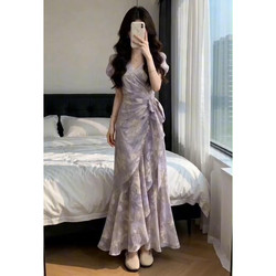 French-Style Purple Floral Dress for Women, Summer 2026 New Model, Extremely Beautiful and Elegant, Waist-Cinching, Hip-Hugging Long Dress
