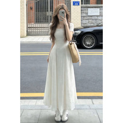 French-Style White Square-Neck Dress for Women, Summer 2026 New Model, Petite, Stunningly Beautiful, Waist-Cinching, Slimming Long Dress