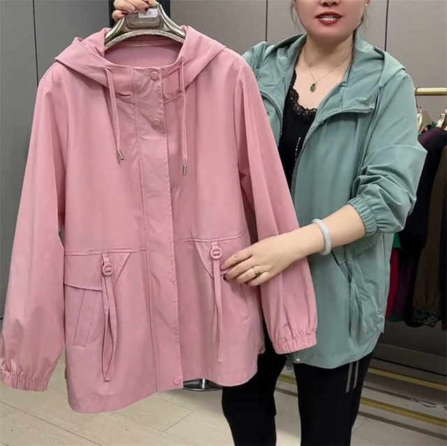 2025 spring new model plus fat plus size fat sister hooded thin solid color jacket middle-aged and elderly fashionable mother suit