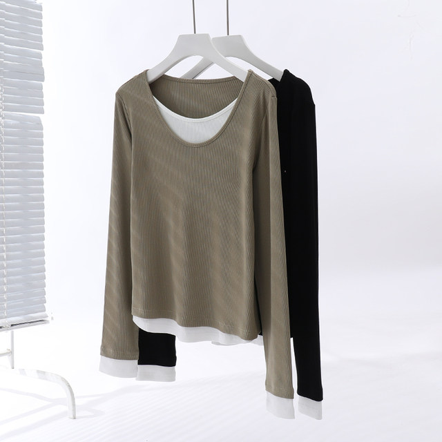 Single original large size women's black V -neck long sleeve t -shirt women's autumn loose and thin inside with two bottom shirts