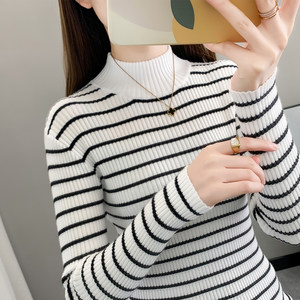 
Women's half turtleneck bottoming shirt with long sleeves and spring and autumn new striped sweater, short and versatile, slim and thin knitted sweater