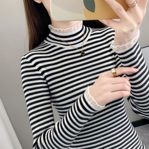 
Striped knitted sweater for women in spring and autumn thin inner sweater short slim black ears half turtleneck base shirt