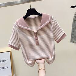 Girls' Doll Collar Striped Short-Sleeve Versatile Summer New Style T-Shirt for Older Children, Stylish Color-Blocking Sweet Summer Top