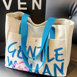Letter Canvas Bag for Women, Large Capacity, New Style, College Student Class Tote Bag, Shoulder Commuting Tote Bag