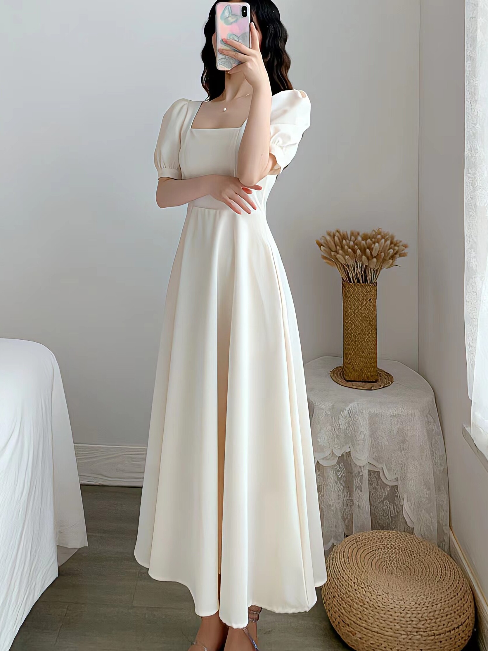 新款高级感法式长裙泡泡袖白色连衣裙-时髦家