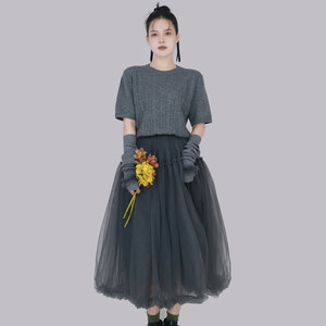 
TEATREE/High-quality wool splicing mesh dress A-line skirt retro cable knit romantic bud skirt