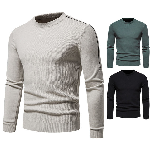 Young men's knitted sweater solid color slim round neck pullover ...