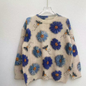 
Heavy industry beaded printed age-reducing sweater women's tops, autumn and winter new round neck lazy style sweater base shirt