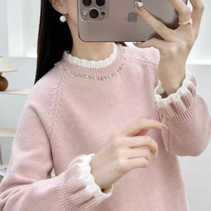 Junior and high school students heavy industry beaded wood earrings round neck sweater tops girls' clothing sweet loose and fashionable base shirt
