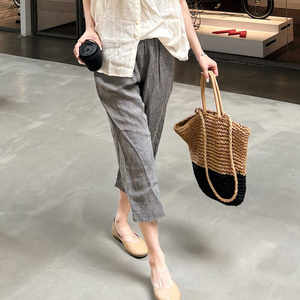 
French high-end 100% colored linen thin style, age-reducing huge slimming large size loose plaid pencil pants cropped pants