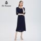 Aidana spring and summer new Tibetan blue round collar hot drill dress waist seven -point sleeve A -line skirt temperament fashion