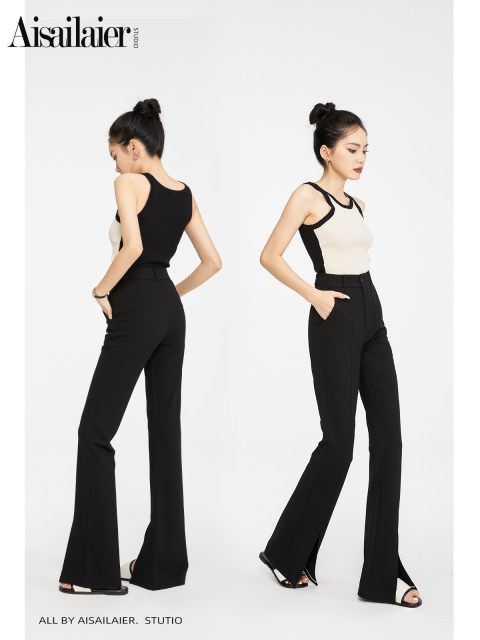 Black high-waisted suit bell-bottom pants for women 2025 summer thin slim fit slim drooping small slit slit slit trousers